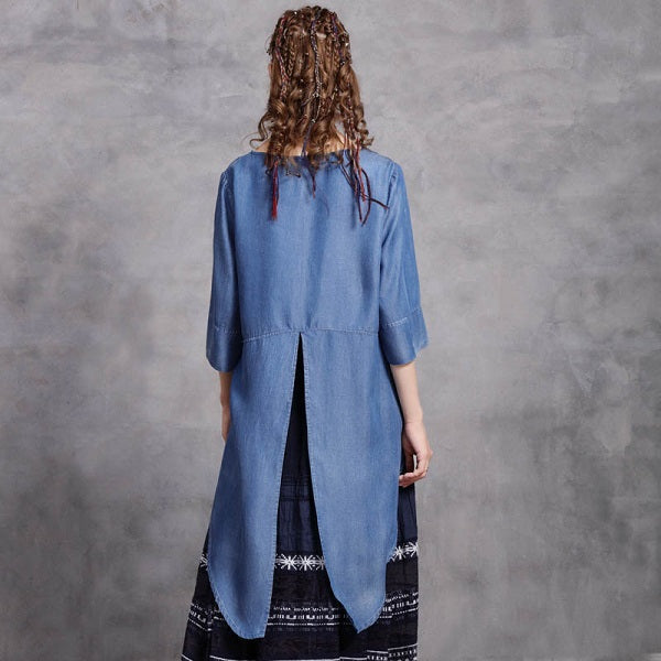 Denim Half Sleeve Embroidery Tops High Low Tees Mssza