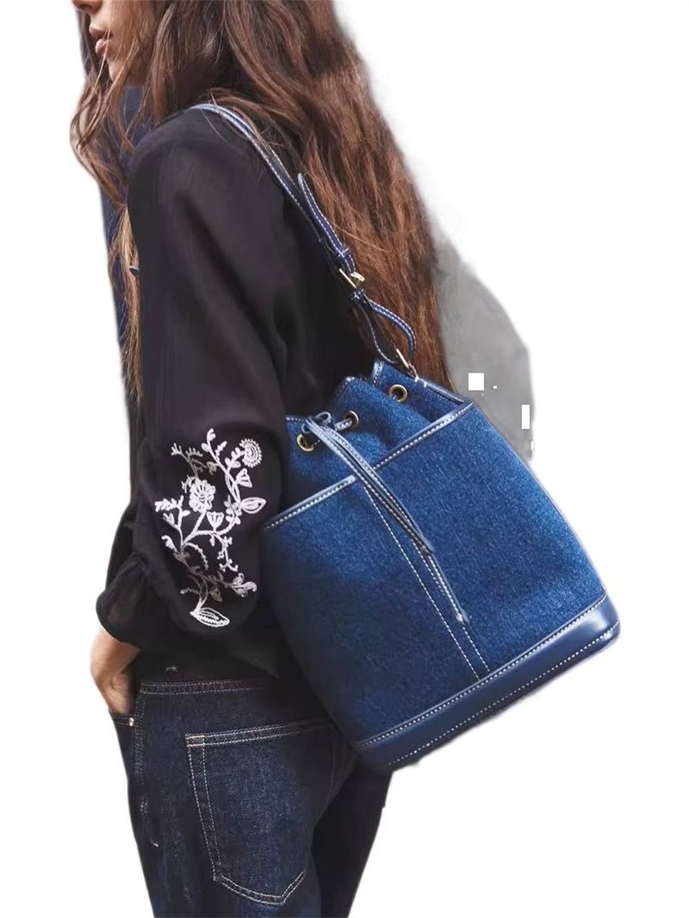 Denim Hand Bill Shoulder Canvas Bucket Bag Mssza