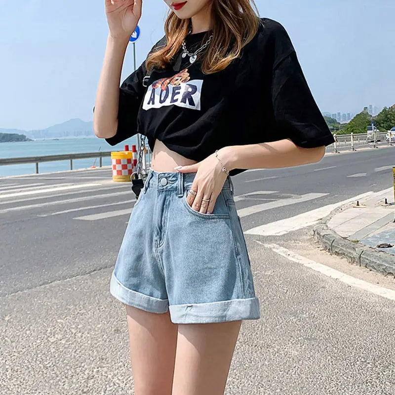 Denim High Waist Cotton Wide-leg Student Mini Jean Shorts Mssza
