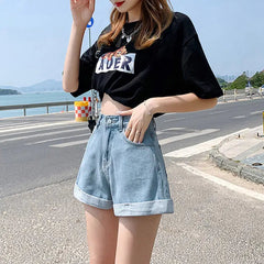 Denim High Waist Cotton Wide-leg Student Mini Jean Shorts Mssza