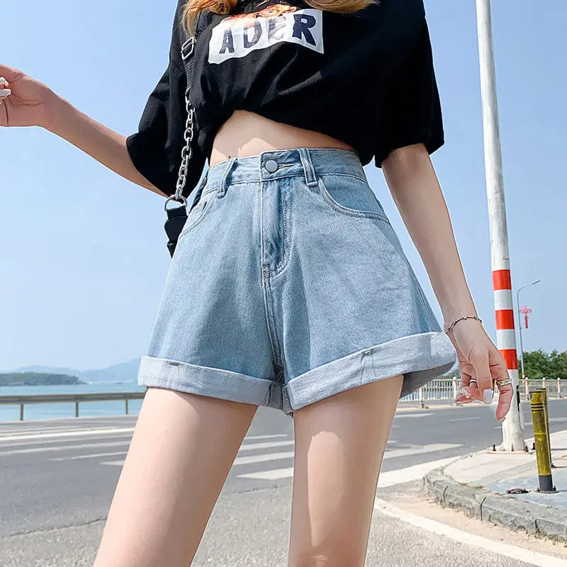 Denim High Waist Cotton Wide-leg Student Mini Jean Shorts Mssza