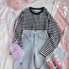 Denim High-Waisted Loose Love Heart Embroidery Ankle-Length Pants Mssza