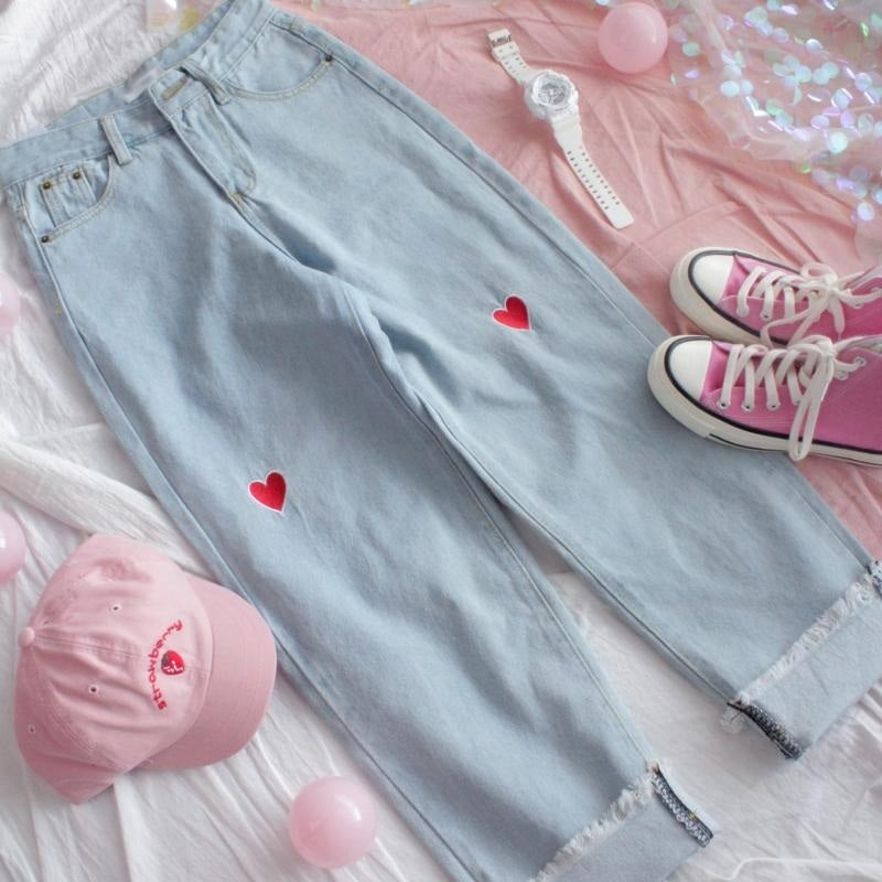 Denim High-Waisted Loose Love Heart Embroidery Ankle-Length Pants Mssza