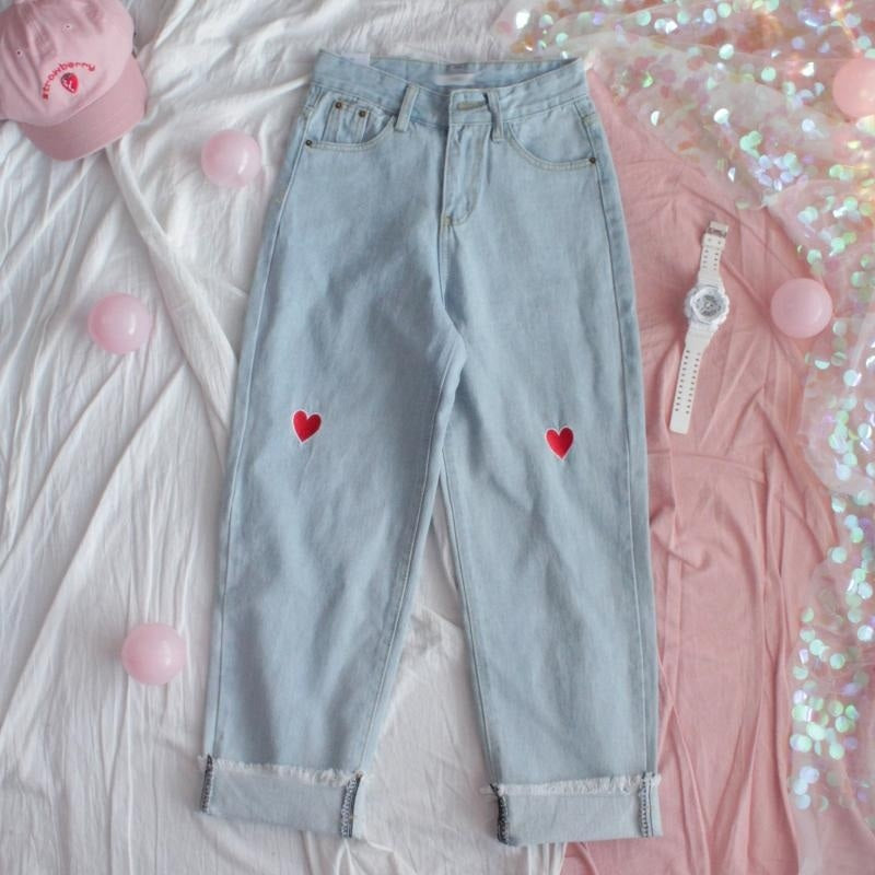 Denim High-Waisted Loose Love Heart Embroidery Ankle-Length Pants Mssza