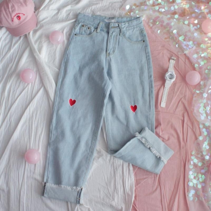 Denim High-Waisted Loose Love Heart Embroidery Ankle-Length Pants Mssza