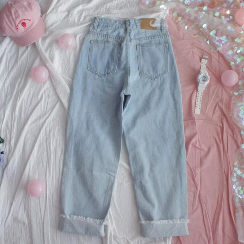 Denim High-Waisted Loose Love Heart Embroidery Ankle-Length Pants Mssza