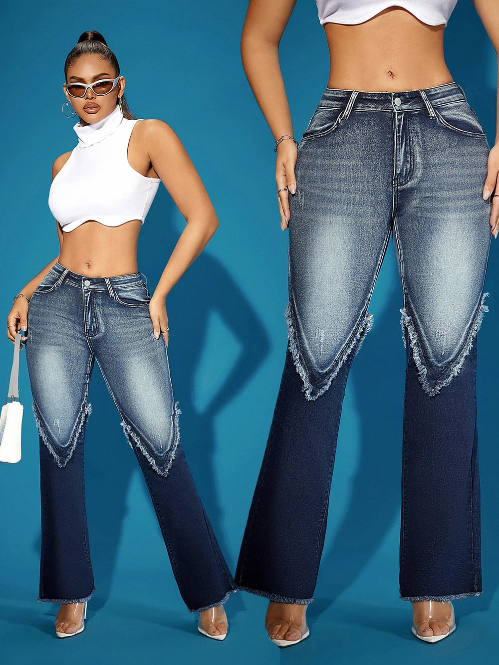 Denim Patchwork Washed Worn-out Hem Retro High Waisted Pant Mssza