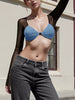 Denim Sheer Mesh Spliced Long Sleeve Stylish Streetwear Mini Cropped Top Mssza