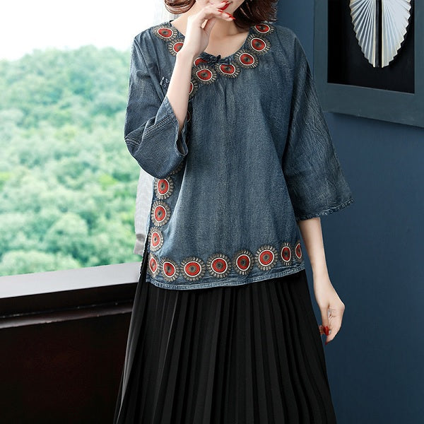 Denim Shirts Embroidery Blouses Tops Mssza