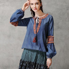 Denim Shirts Long Lantern Sleeve Embroidery Blouses Tops Mssza