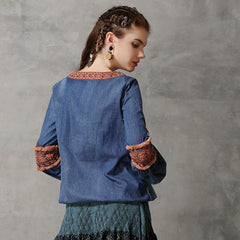 Denim Shirts Long Lantern Sleeve Embroidery Blouses Tops Mssza
