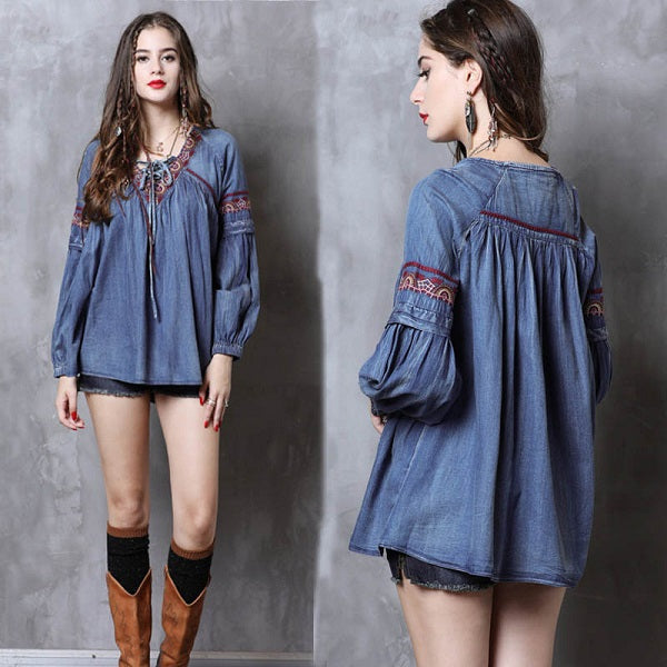Denim Shirts Long Sleeve Embroidery Blouses Tops Mssza
