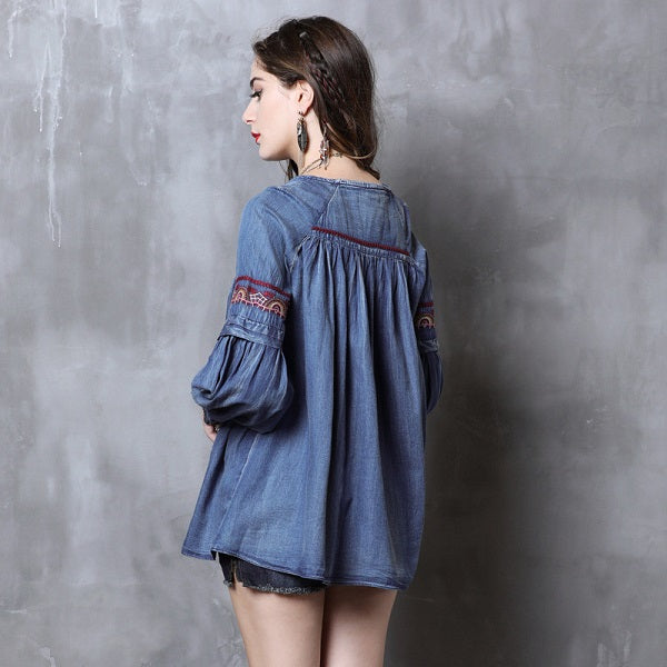 Denim Shirts Long Sleeve Embroidery Blouses Tops Mssza