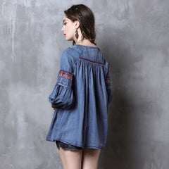 Denim Shirts Long Sleeve Embroidery Blouses Tops Mssza