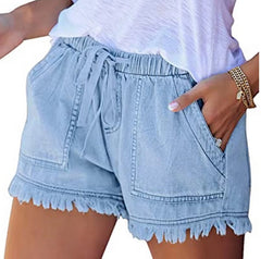 Denim Shorts, Casual Drawstring Elastic Waist Frayed Hem Loose Short Jeans Mssza