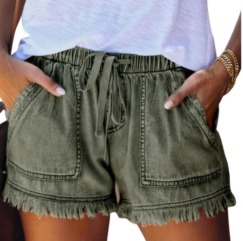 Denim Shorts, Casual Drawstring Elastic Waist Frayed Hem Loose Short Jeans Mssza