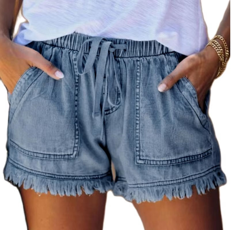 Denim Shorts, Casual Drawstring Elastic Waist Frayed Hem Loose Short Jeans Mssza