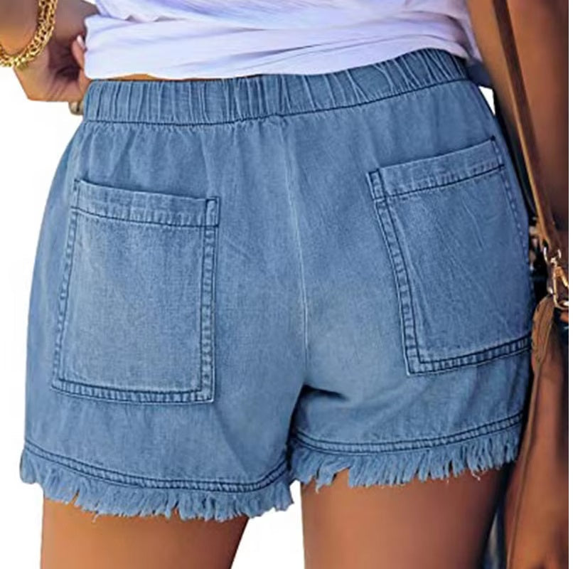 Denim Shorts, Casual Drawstring Elastic Waist Frayed Hem Loose Short Jeans Mssza