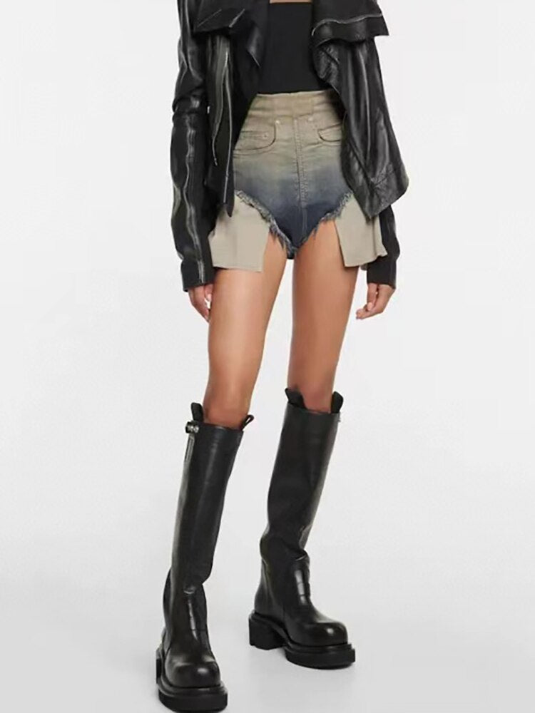 Denim Shorts Gradient Color Burr Edge Back Zipper Short Jeans Mssza