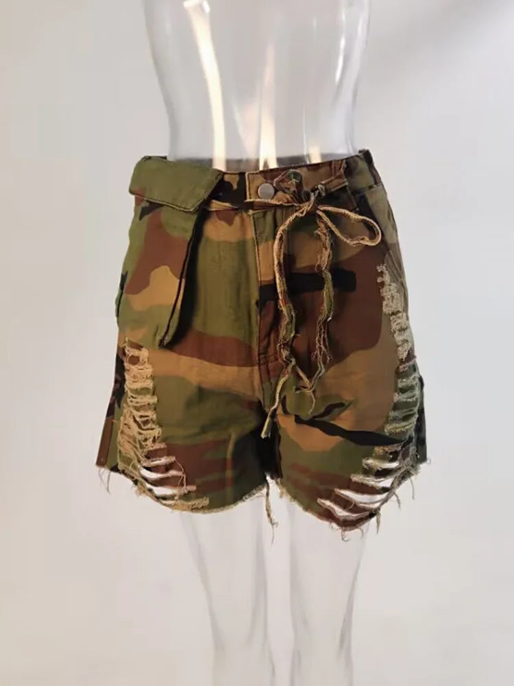 Denim Shorts High Waist Loose Straight Camouflage Tassels Hollow Out Short Mssza