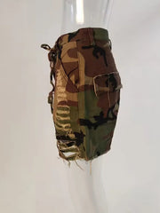 Denim Shorts High Waist Loose Straight Camouflage Tassels Hollow Out Short Mssza