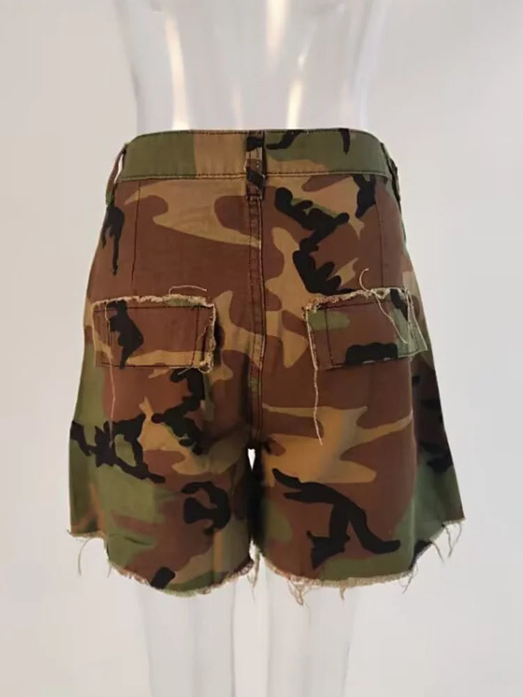 Denim Shorts High Waist Loose Straight Camouflage Tassels Hollow Out Short Mssza
