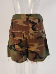 Denim Shorts High Waist Loose Straight Camouflage Tassels Hollow Out Short Mssza