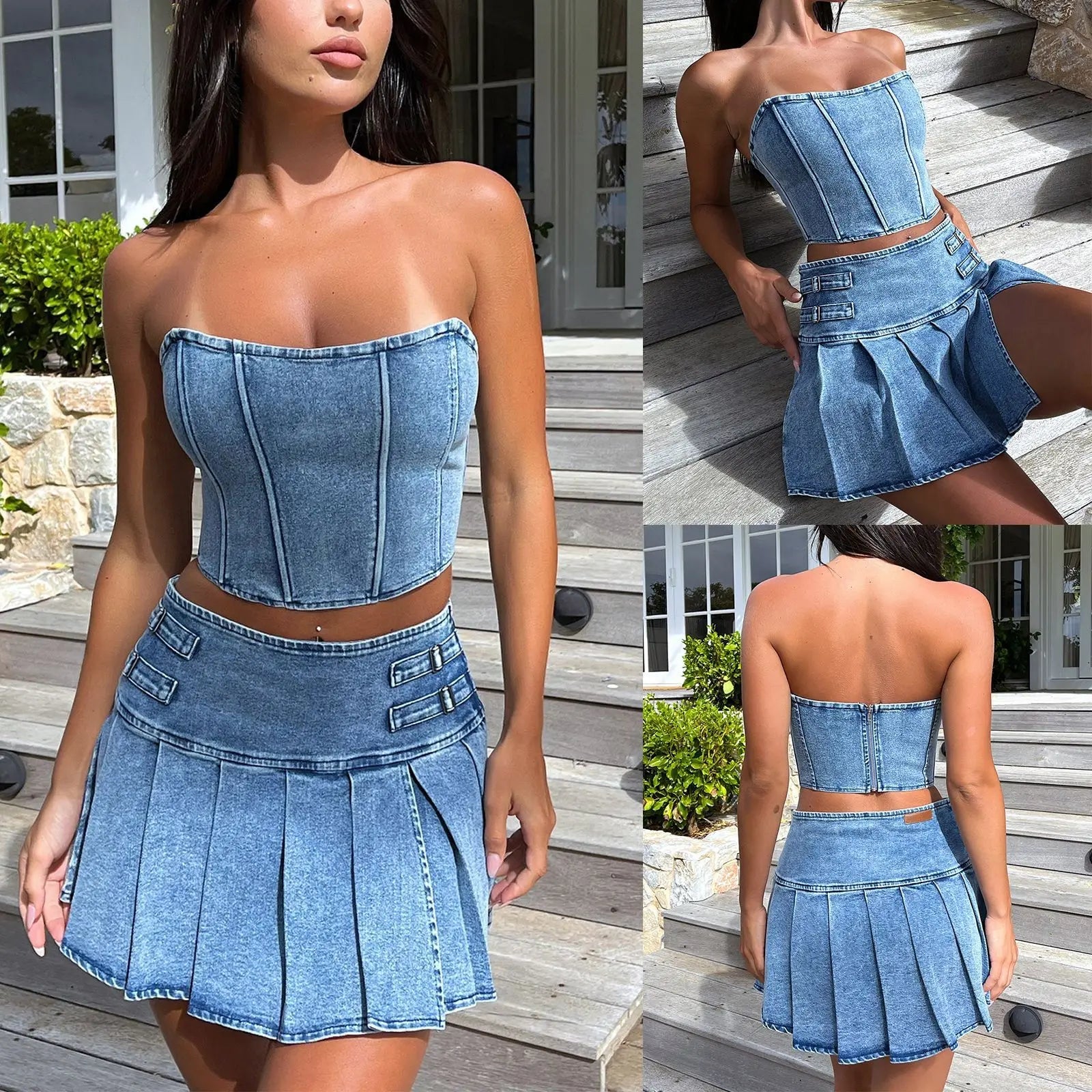 Denim Skirt Sets Strapless Crop Tops And Mini Skirt Club Party Pleated Skirt Two Piece Set Mssza