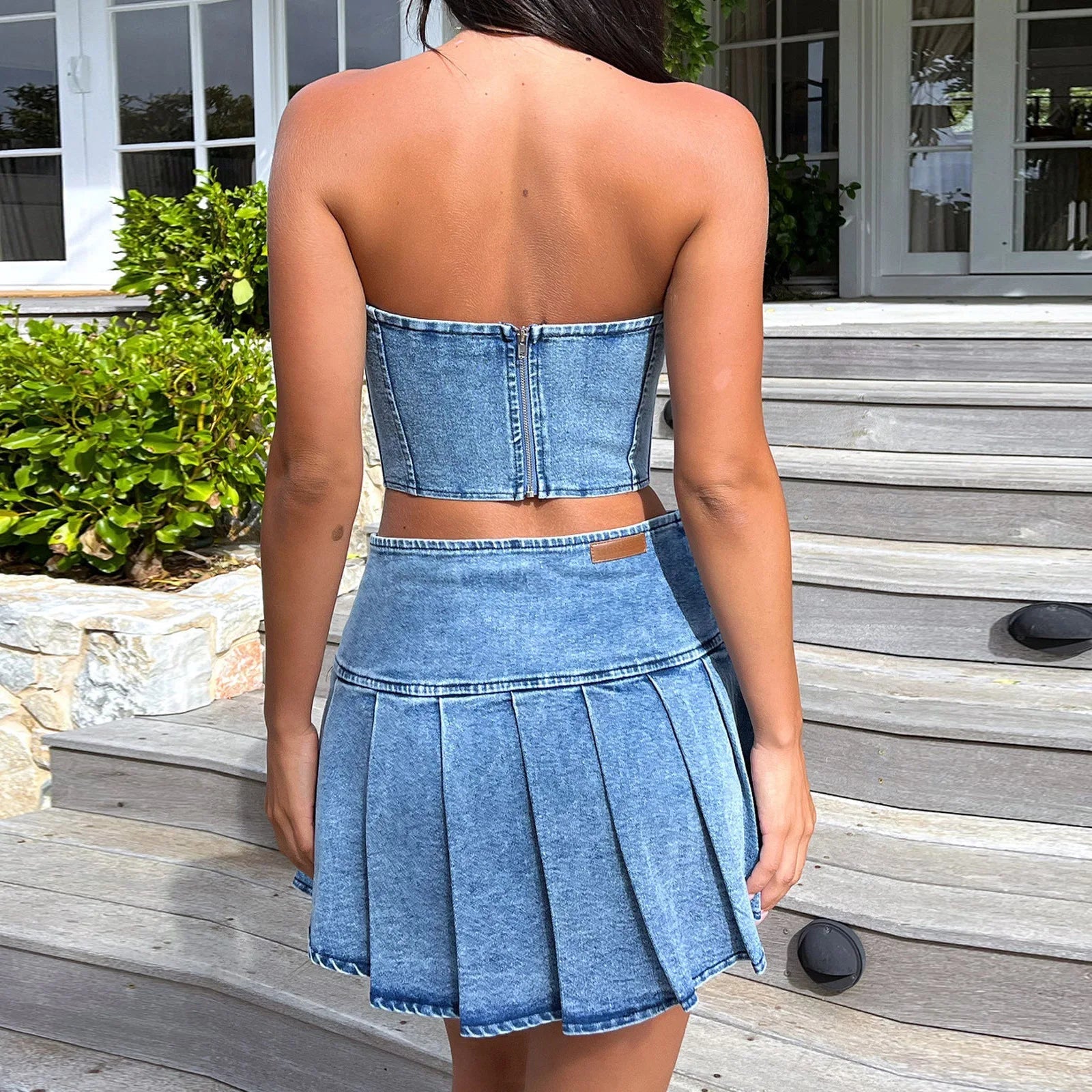 Denim Skirt Sets Strapless Crop Tops And Mini Skirt Club Party Pleated Skirt Two Piece Set Mssza