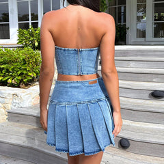 Denim Skirt Sets Strapless Crop Tops And Mini Skirt Club Party Pleated Skirt Two Piece Set Mssza