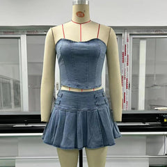 Denim Skirt Sets Strapless Crop Tops And Mini Skirt Club Party Pleated Skirt Two Piece Set Mssza