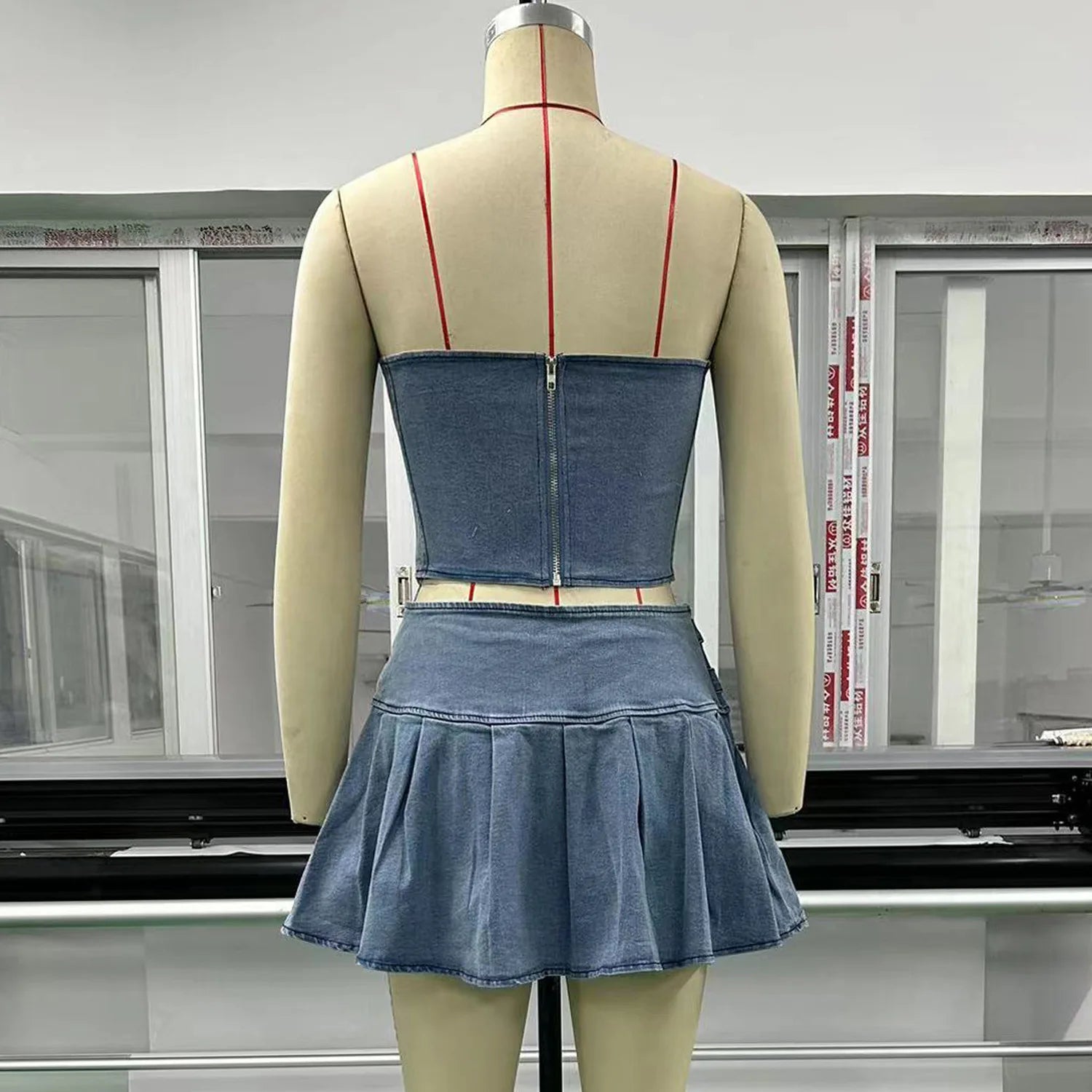 Denim Skirt Sets Strapless Crop Tops And Mini Skirt Club Party Pleated Skirt Two Piece Set Mssza