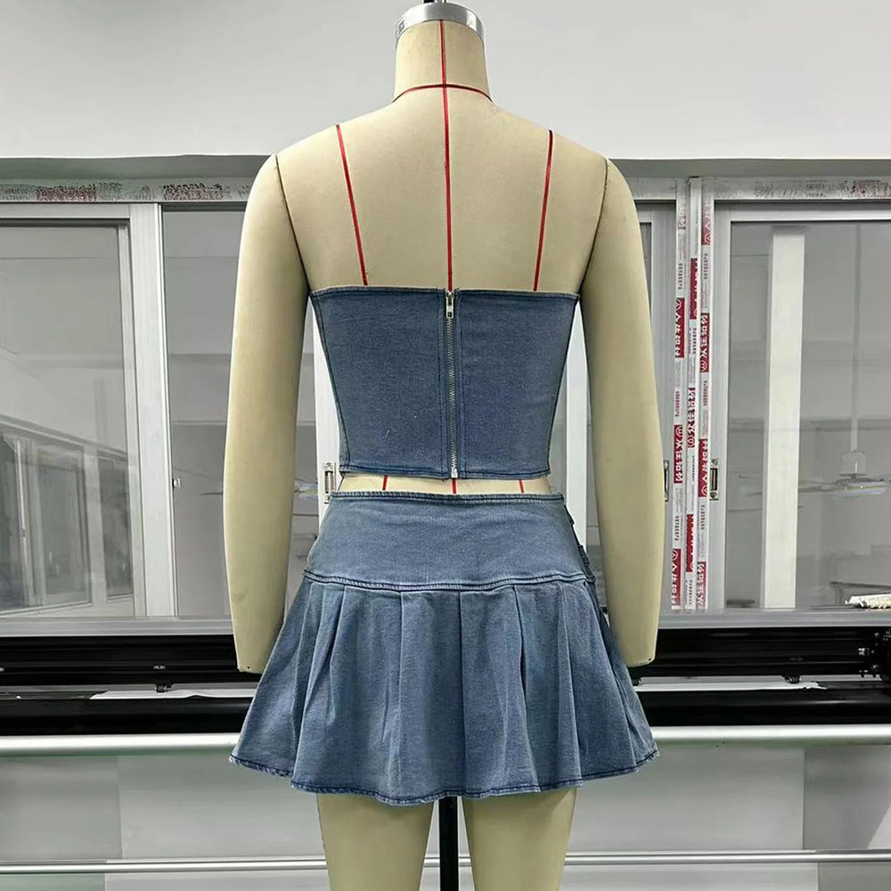 Denim Skirt Sets Strapless Crop Tops And Mini Skirt Club Party Pleated Skirt Two Piece Set Mssza