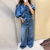 Denim Solid Lapel Half Puff Sleeve Single Breasted Pleated Streetwear Top Mssza