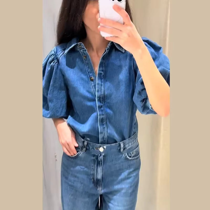 Denim Solid Lapel Half Puff Sleeve Single Breasted Pleated Streetwear Top Mssza