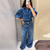 Denim Solid Lapel Half Puff Sleeve Single Breasted Pleated Streetwear Top Mssza