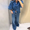 Denim Solid Lapel Half Puff Sleeve Single Breasted Pleated Streetwear Top Mssza