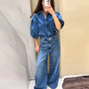 Denim Solid Lapel Half Puff Sleeve Single Breasted Pleated Streetwear Top Mssza
