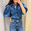 Denim Solid Lapel Half Puff Sleeve Single Breasted Pleated Streetwear Top Mssza
