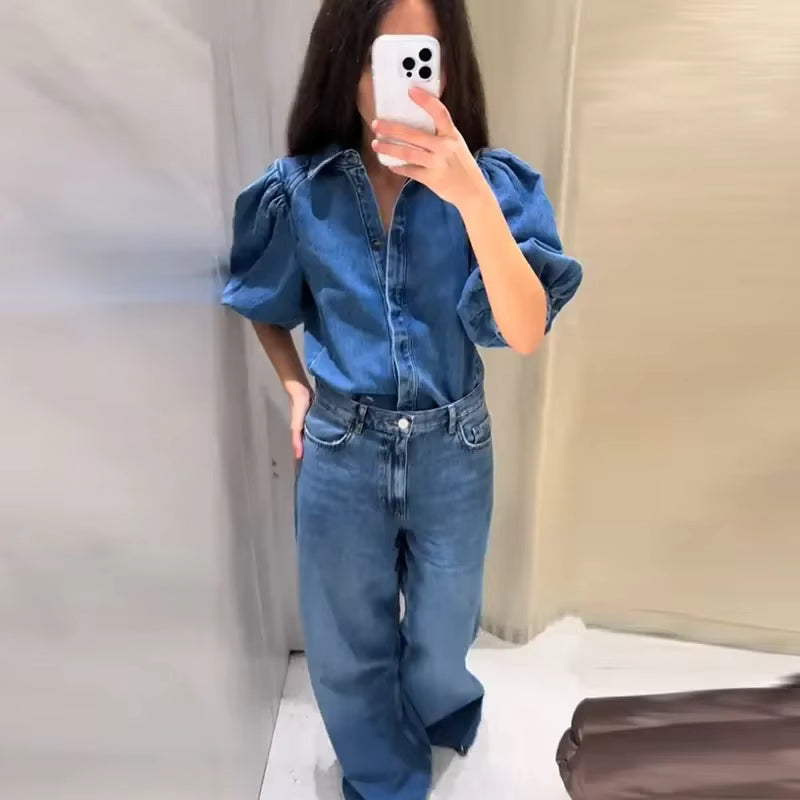 Denim Solid Lapel Half Puff Sleeve Single Breasted Pleated Streetwear Top Mssza