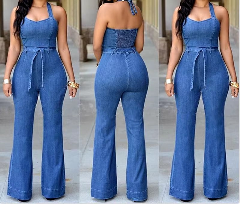 Denim Solid Sleeveless Halter Wide Leg Long Pants Overalls Slim Fit High Waist One Piece Jumpsuits Mssza