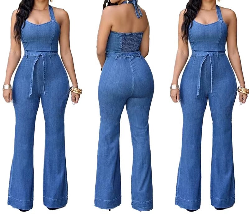 Denim Solid Sleeveless Halter Wide Leg Long Pants Overalls Slim Fit High Waist One Piece Jumpsuits Mssza