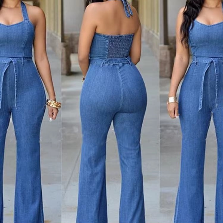Denim Solid Sleeveless Halter Wide Leg Long Pants Overalls Slim Fit High Waist One Piece Jumpsuits Mssza