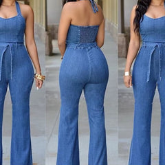 Denim Solid Sleeveless Halter Wide Leg Long Pants Overalls Slim Fit High Waist One Piece Jumpsuits Mssza