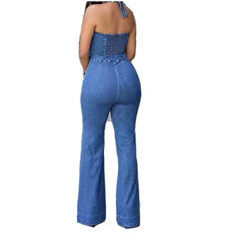 Denim Solid Sleeveless Halter Wide Leg Long Pants Overalls Slim Fit High Waist One Piece Jumpsuits Mssza