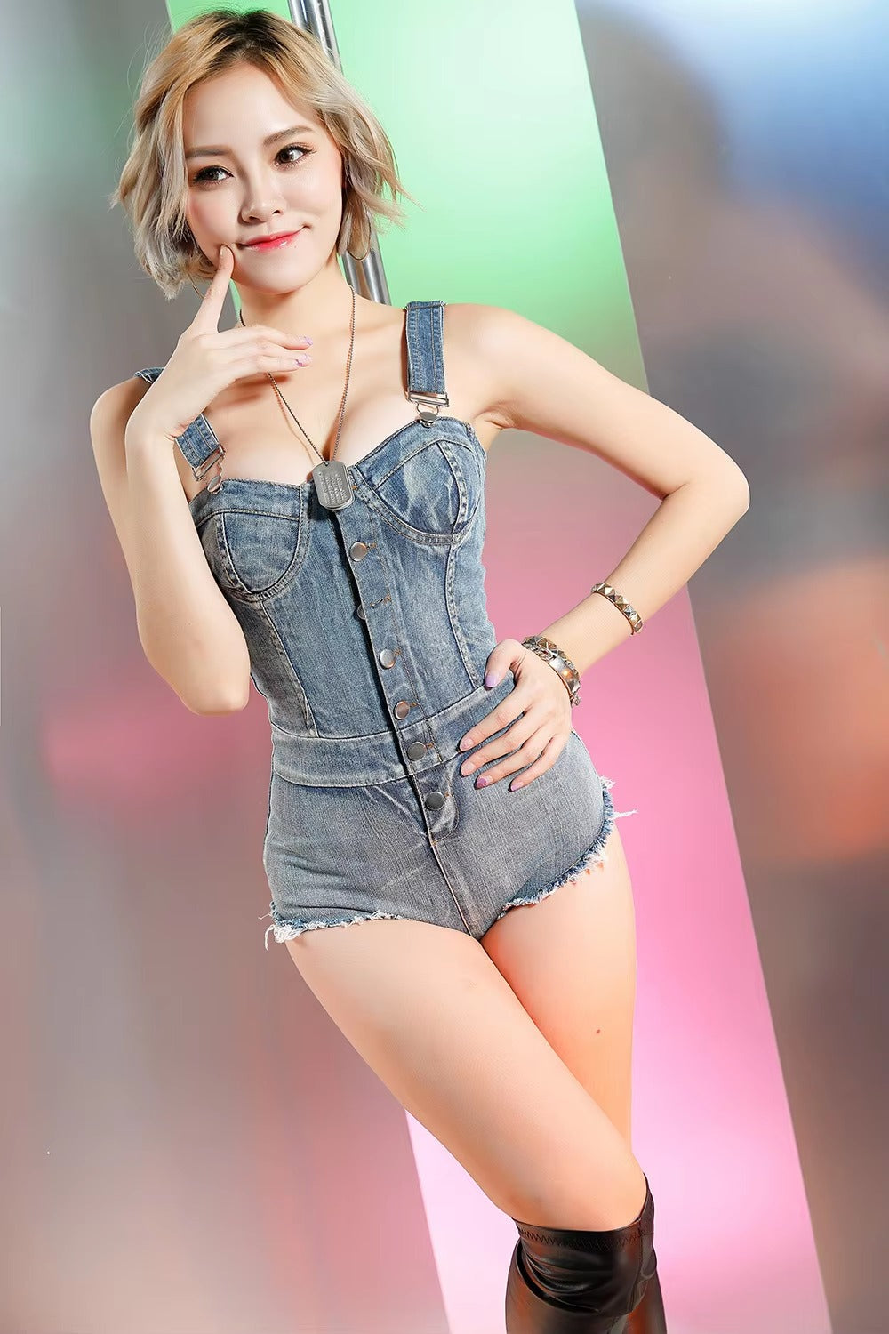 Denim Square Collar Sleeveless Overall Bodysuit Jumpsuit Romper Jeans Shorts Mssza