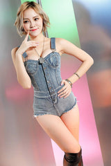 Denim Square Collar Sleeveless Overall Bodysuit Jumpsuit Romper Jeans Shorts Mssza