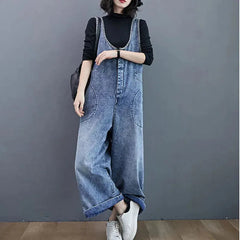 Denim Strap Pants Loose Wide leg Long Jeans Casual Student Denim Jumpsuit Mssza