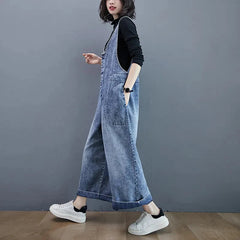 Denim Strap Pants Loose Wide leg Long Jeans Casual Student Denim Jumpsuit Mssza