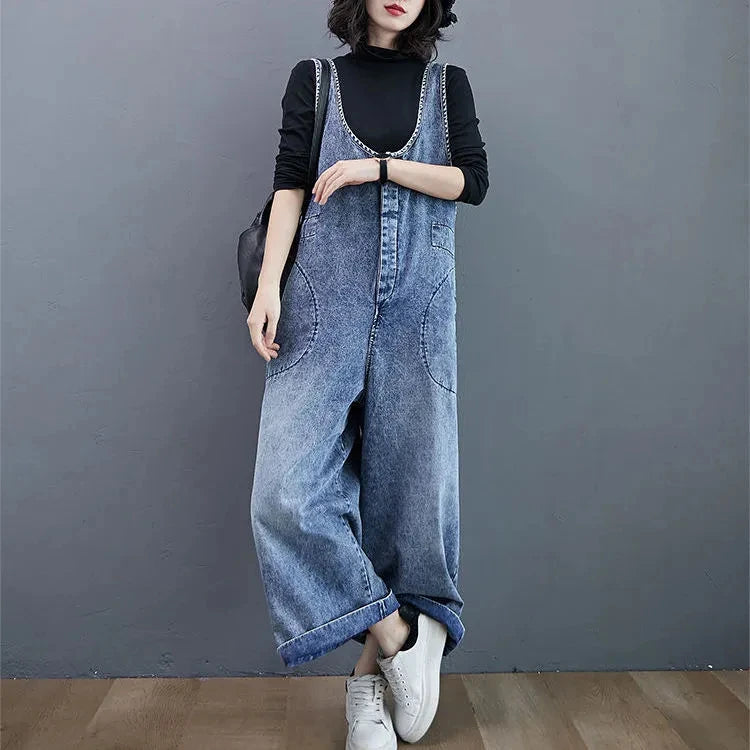 Denim Strap Pants Loose Wide leg Long Jeans Casual Student Denim Jumpsuit Mssza